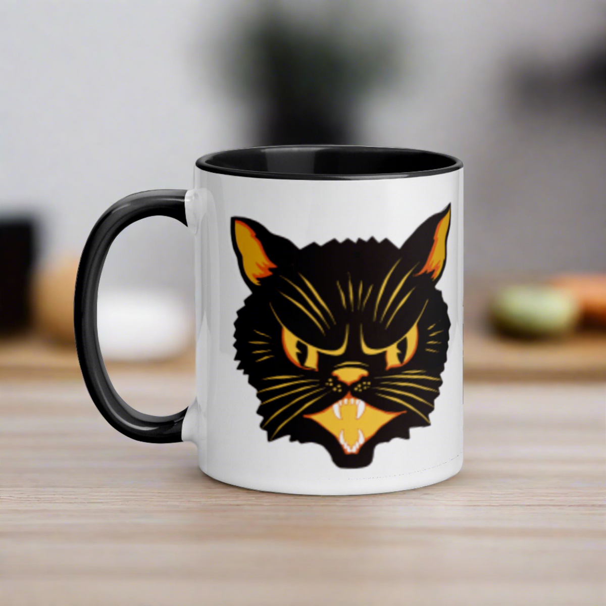 Black Cat Vintage Retro Halloween Print Black Lined Mug
