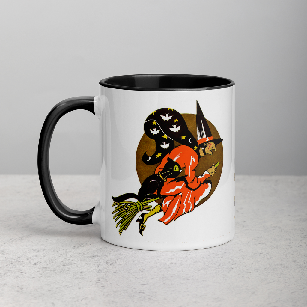 Flying Witch On Broom Black Cat Gold Moon Retro Vintage Halloween Coffee Mug