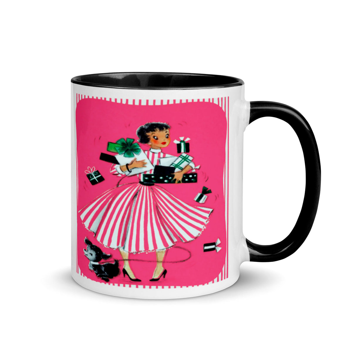 Pink Lady With Presents And Dog Lined Glossy Coffee Mug - Retro Style