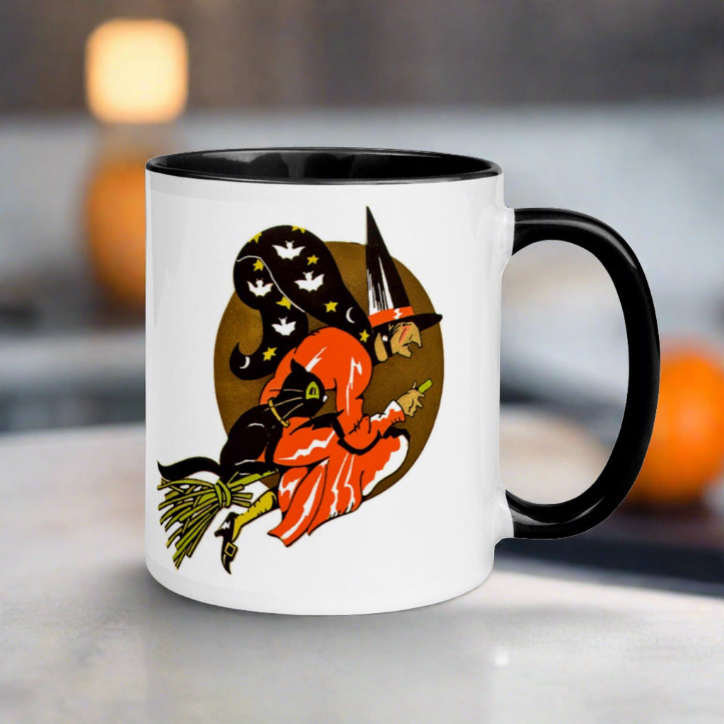Flying Witch On Broom Black Cat Gold Moon Retro Vintage Halloween Coffee Mug