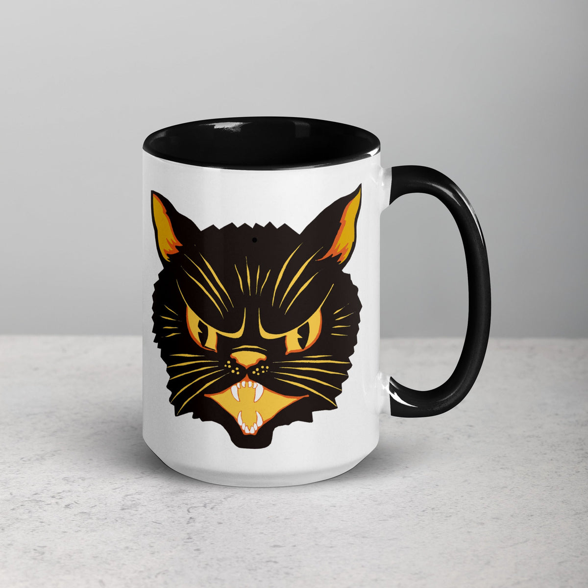 Black Cat Vintage Retro Halloween Print Black Lined Mug