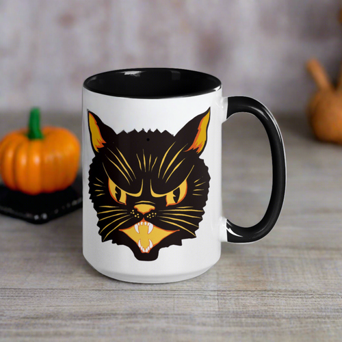Black Cat Vintage Retro Halloween Print Black Lined Mug