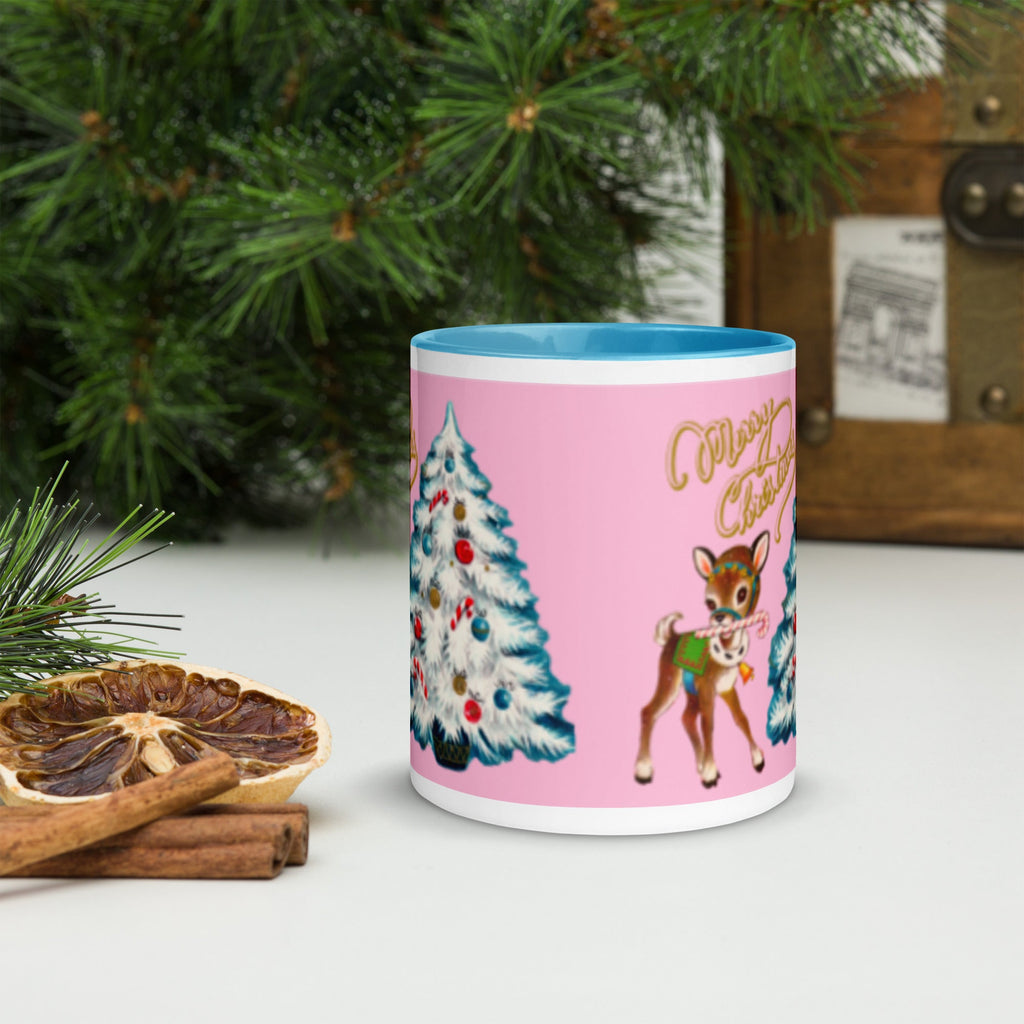 Merry Christmas Retro Reindeer Christmas Tree Lined Blue Ceramic Mug