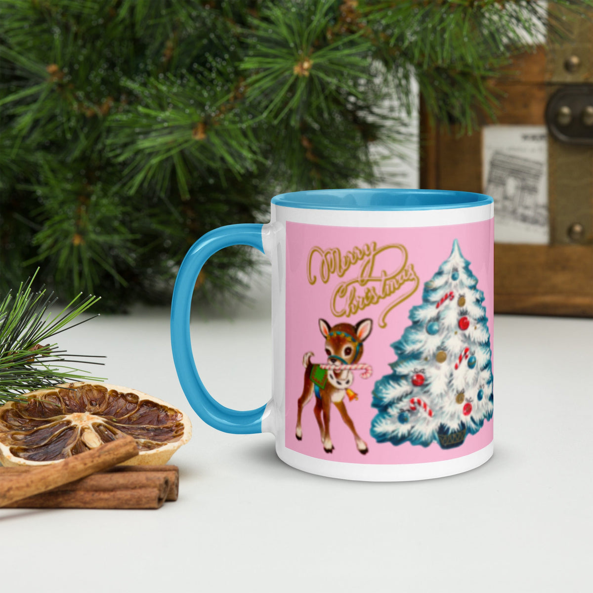 Merry Christmas Retro Reindeer Christmas Tree Lined Blue Ceramic Mug