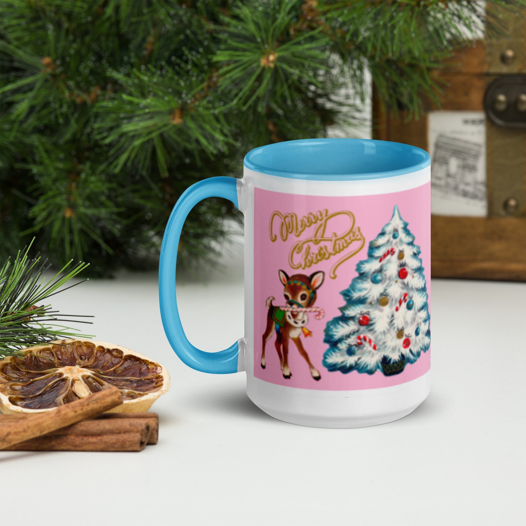 Merry Christmas Retro Reindeer Christmas Tree Lined Blue Ceramic Mug