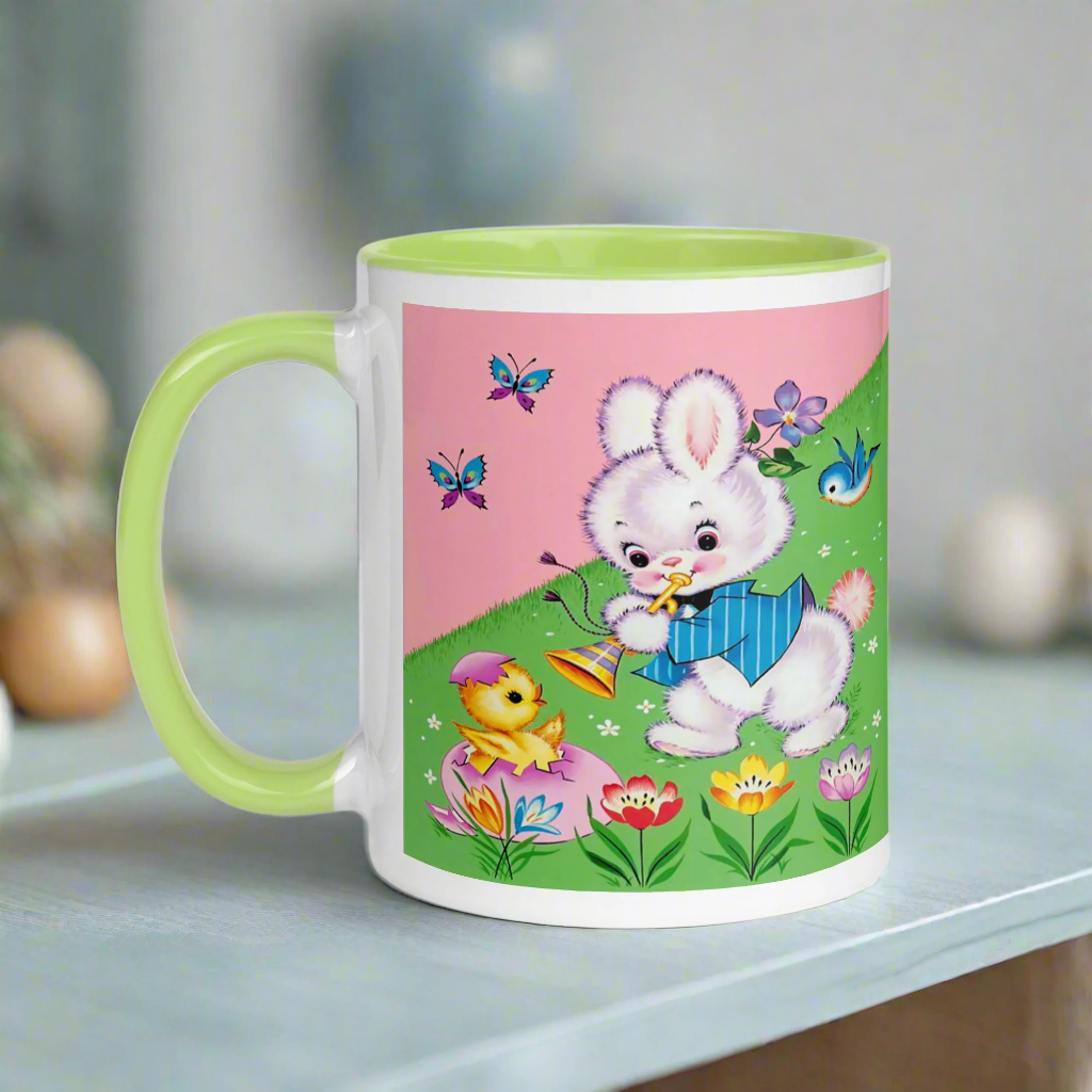 Easter Bunny Mid Century Retro Print Pink Lined Glossy Mug