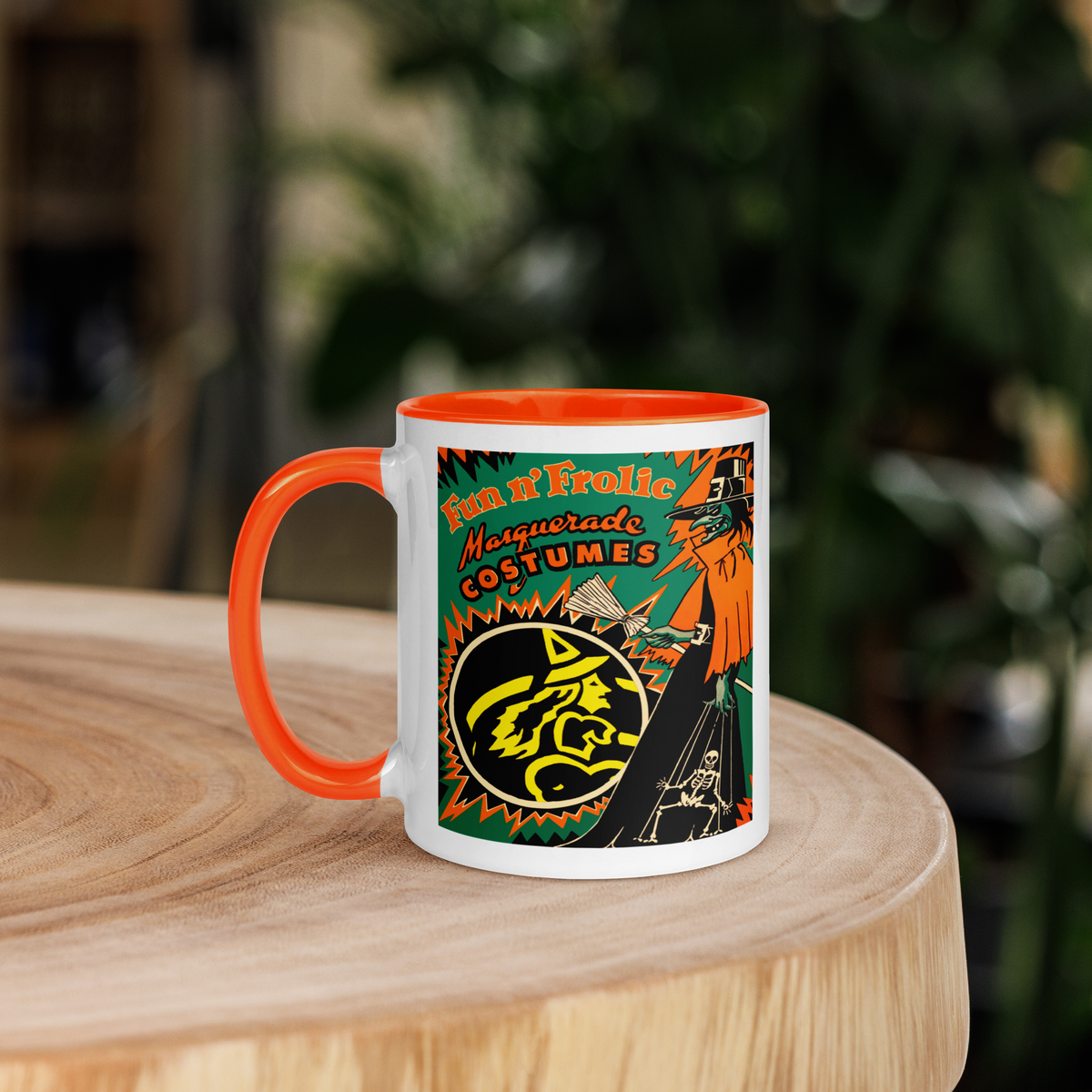 Fun n' Frolic Masquerade Costume Green Witch Orange Lined Halloween Mug
