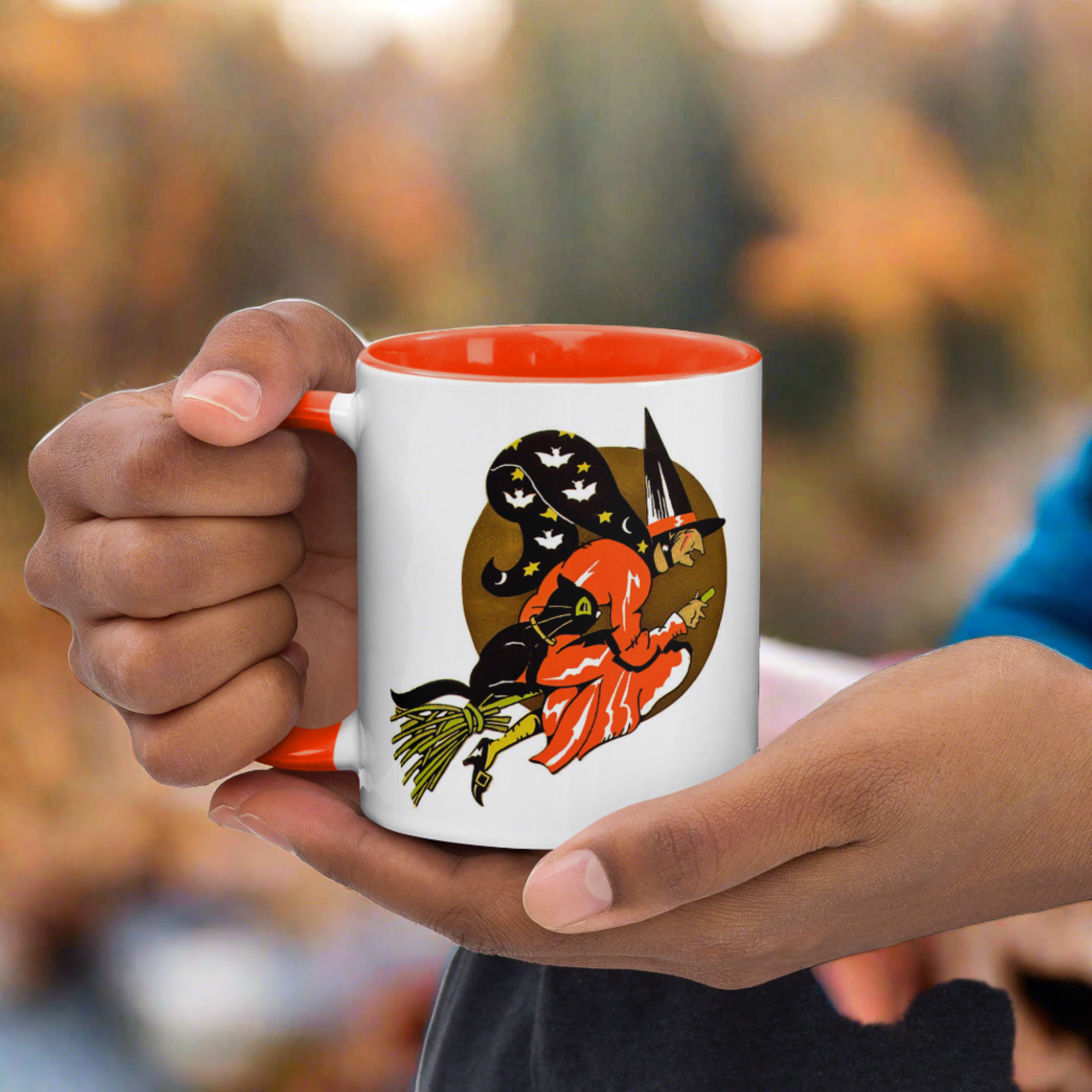 Flying Witch On Broom Black Cat Gold Moon Retro Vintage Halloween Coffee Mug