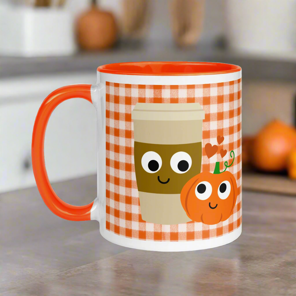 Pumpkin Spice Love Orange Checkered Lined Coffee Mug