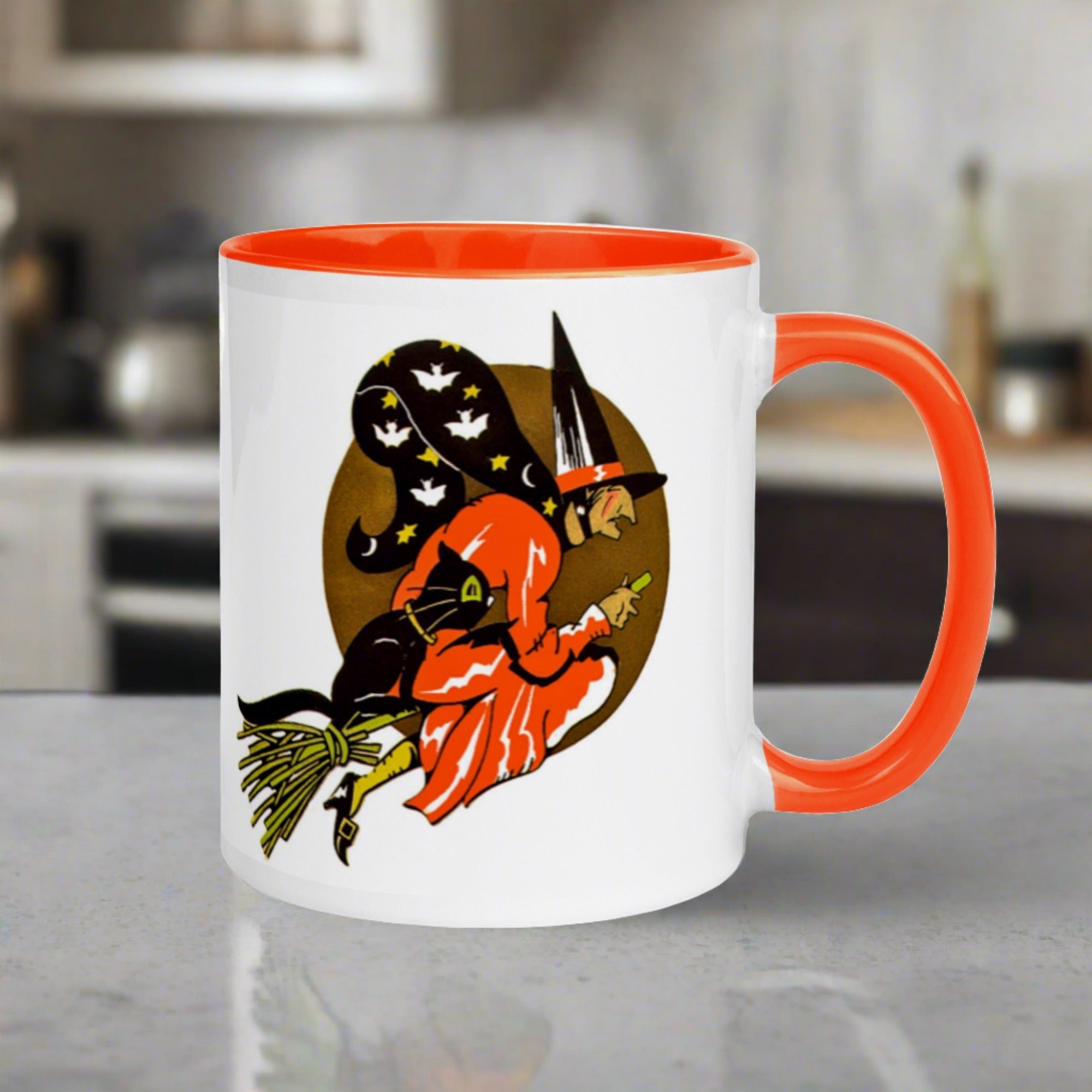 Flying Witch On Broom Black Cat Gold Moon Retro Vintage Halloween Coffee Mug