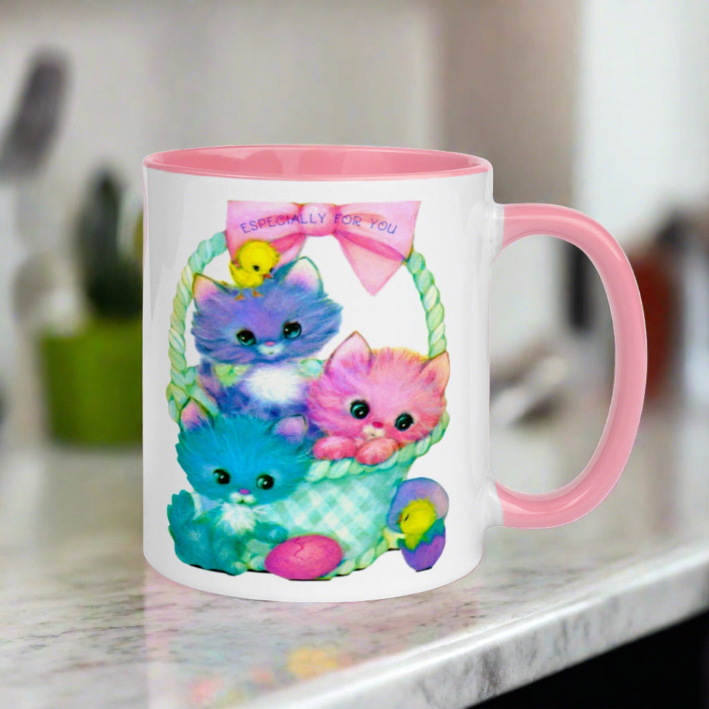 Colorful Easter Kittens Lined Blue Or Pink Retro Easter Print Glossy Mug