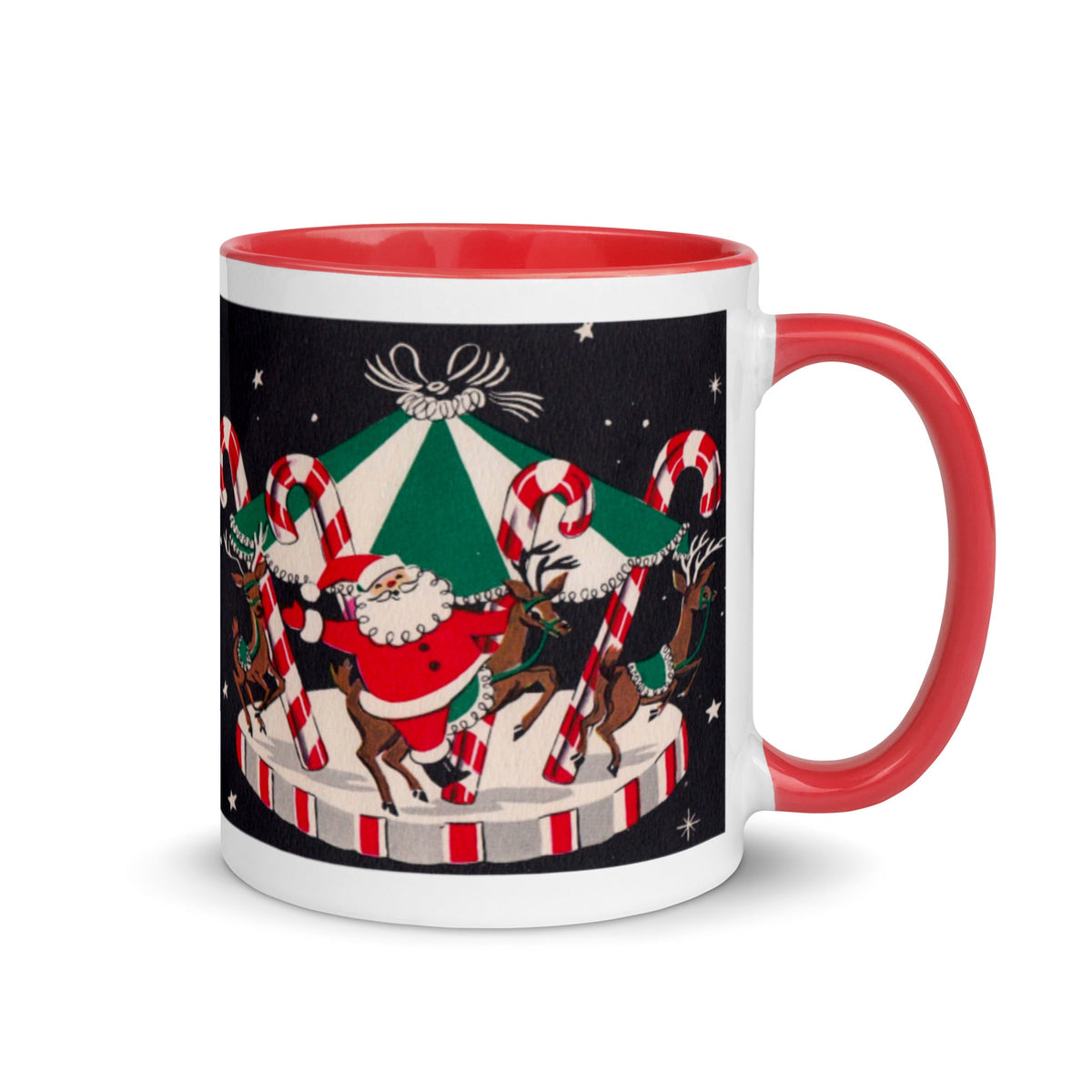 Santa And Reindeer Lined Red Mid Century Retro Christmas Print Glossy Mug