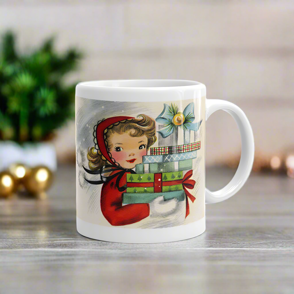 Retro Christmas Lady With Gifts Mid Century Retro Christmas Print White Glossy Coffee Mug