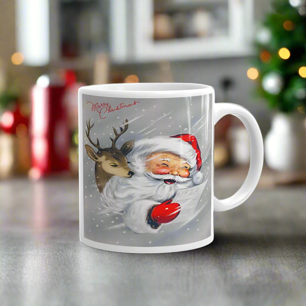 Santa With Reindeer Merry Christmas Midcentury Retro Glossy Coffee Mug