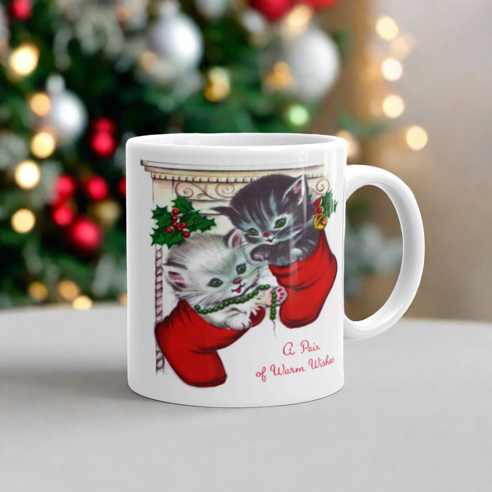 A Pair Of Warm Wishes Kittens In Stockings Retro Vintage Christmas Print Glossy Coffee Mug