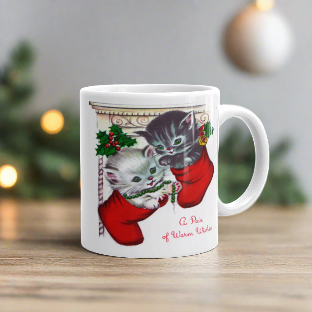 A Pair Of Warm Wishes Kittens In Stockings Retro Vintage Christmas Print Glossy Coffee Mug