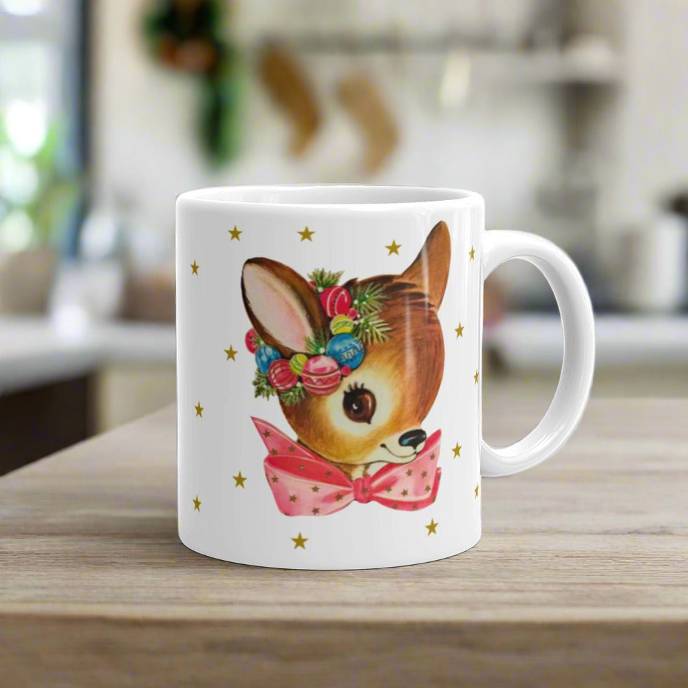 Reindeer Gold Stars Mid Century Retro Christmas Print Glossy Mug