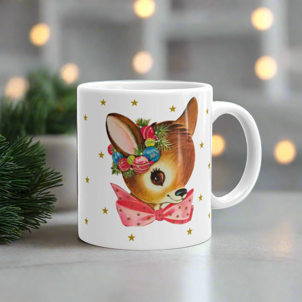 Reindeer Gold Stars Mid Century Retro Christmas Print Glossy Mug