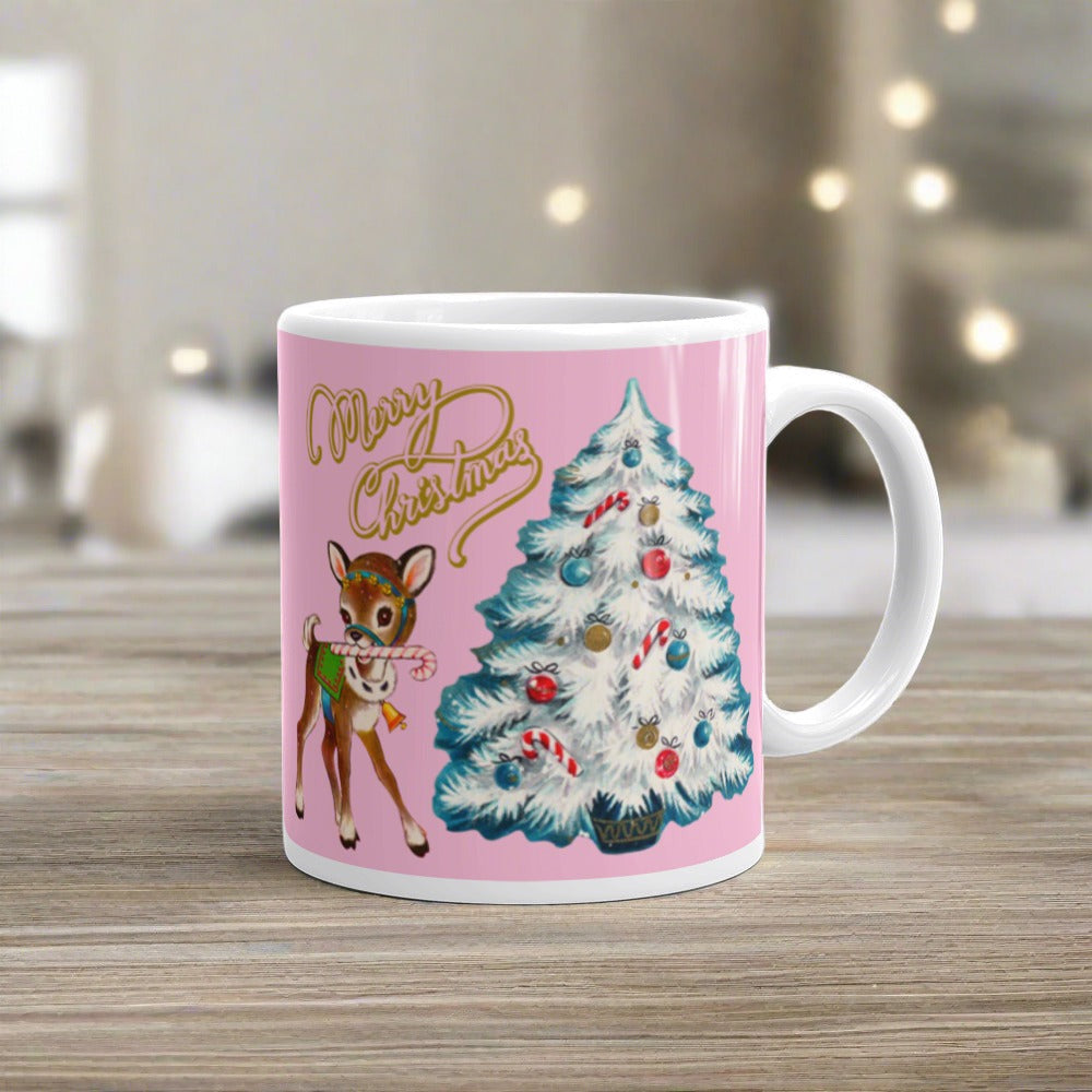 Merry Christmas Vintage Reindeer Tree Pink Mid Century Retro Christmas Print Glossy Mug