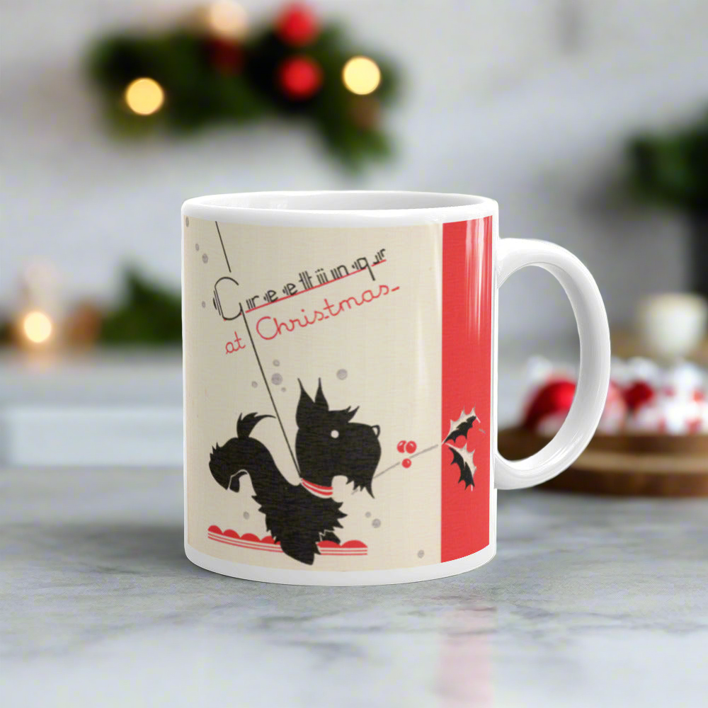 Greetings At Christmas Black Scottie Midcentury Christmas Coffee Mug