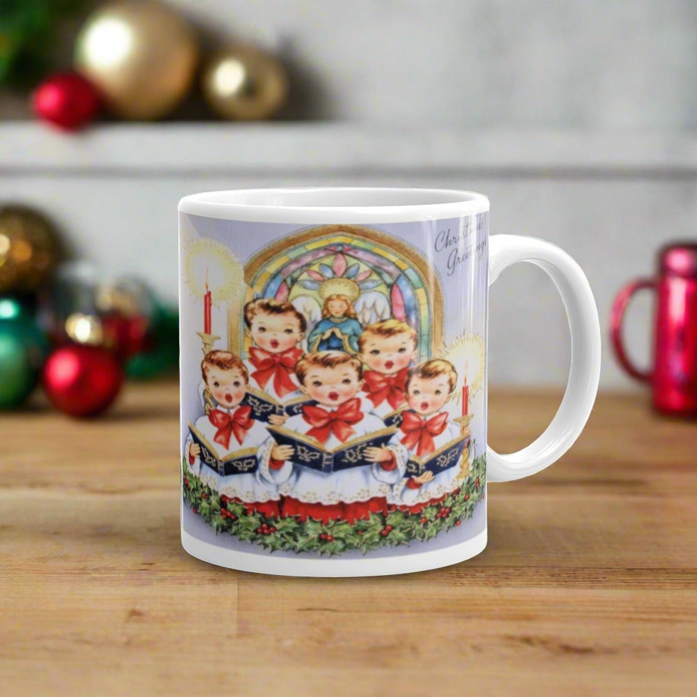 Christmas Greetings Children's Choir Of Carolers Mid Century Retro Christmas Coffee Mug