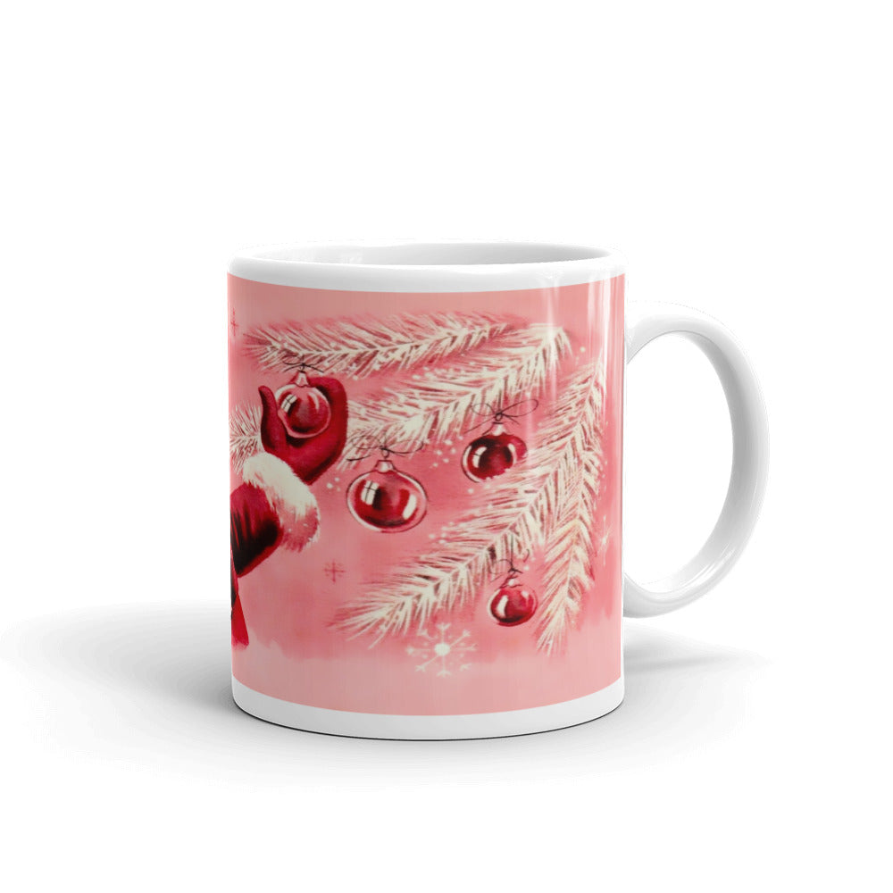 Pink Santa Mid Century Retro Christmas Print Glossy Mug