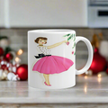 Christmas Lady Decorating Tree Pink Mid Century Retro Christmas Print Glossy Mug