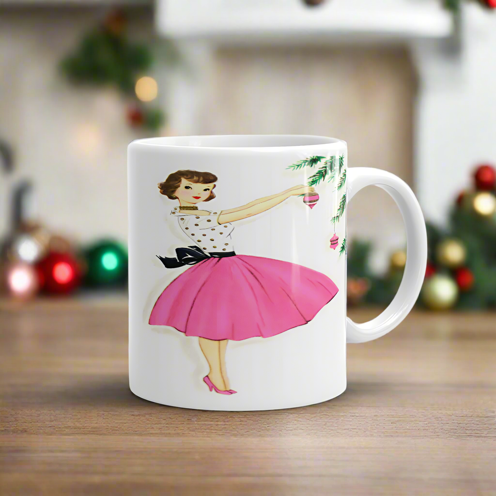 Christmas Lady Decorating Tree Pink Mid Century Retro Christmas Print Glossy Mug