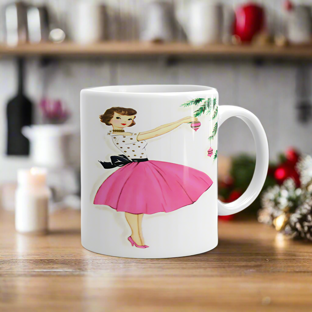 Christmas Lady Decorating Tree Pink Mid Century Retro Christmas Print Glossy Mug