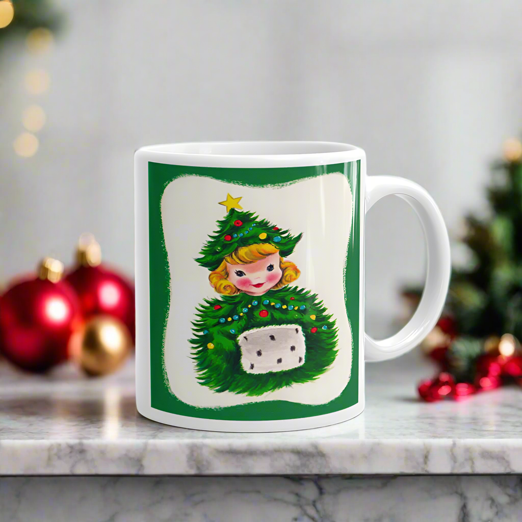 Christmas Tree Hat Girl Midcentury Retro Christmas Glossy Coffee Mug