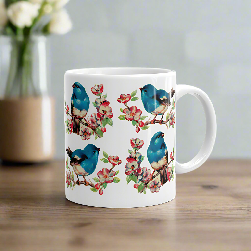 Vintage Style Retro Spring Bluebirds Glossy Coffee Mug