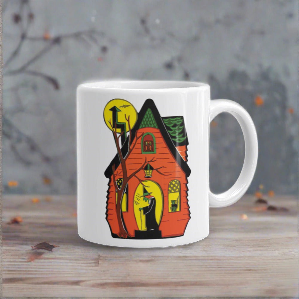Halloween Witch House Black Cat Yellow Moon Vintage Retro Print Glossy Coffee Mug