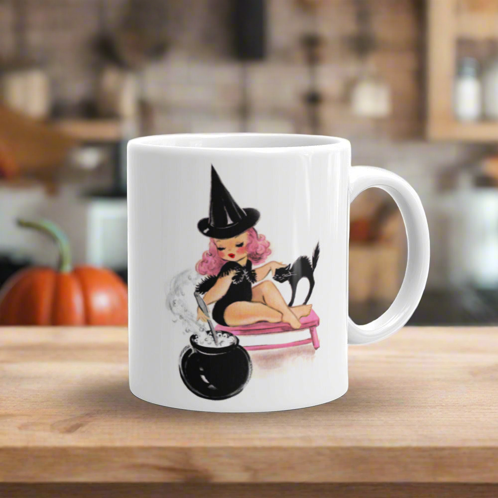 Pink Witch With Black Cat And Caulderon Halloween Retro Print Glossy Mug