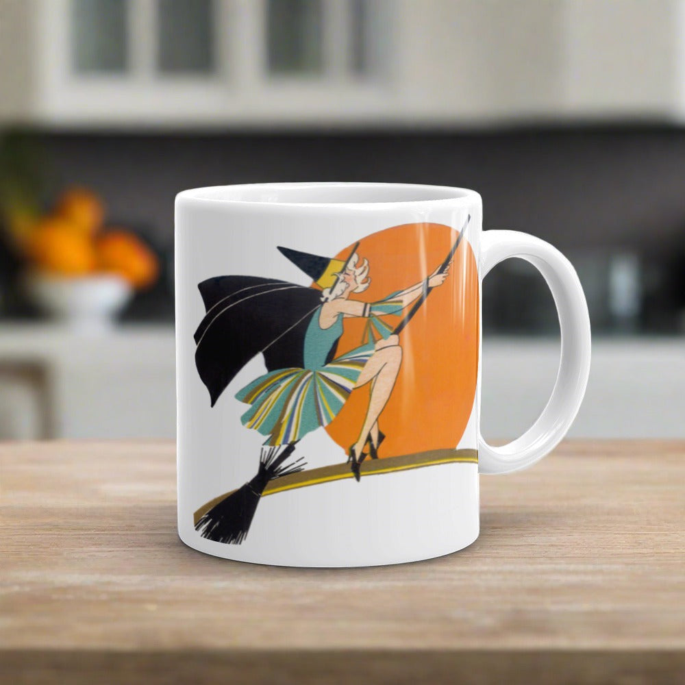Flying Flapper Witch On Broom Orange Moon Retro Halloween Print Glossy Mug