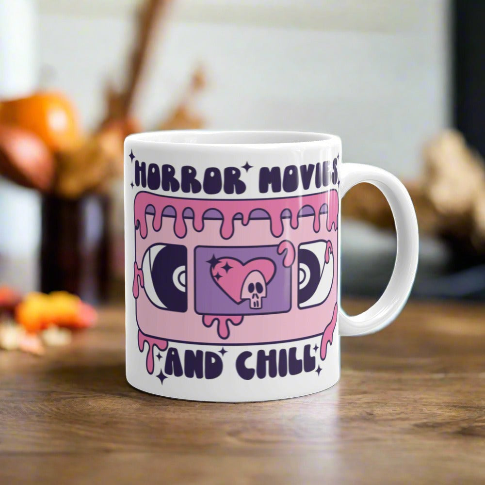 Horror Movies And Chill Distressed Retro Style Halloween Print Glossy Mug