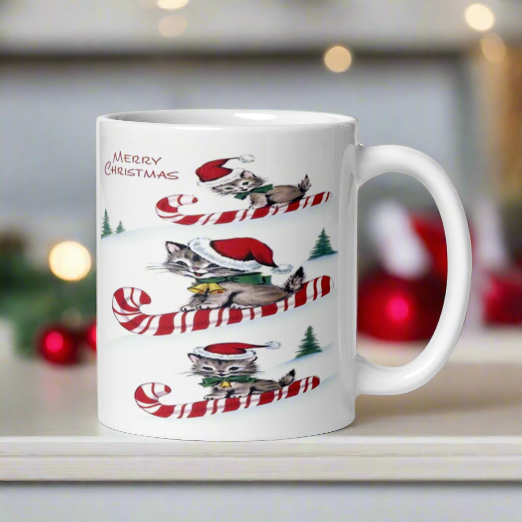 Merry Christmas Candy Cane Sledding Kittens Midcentury Retro Glossy Coffee Mug