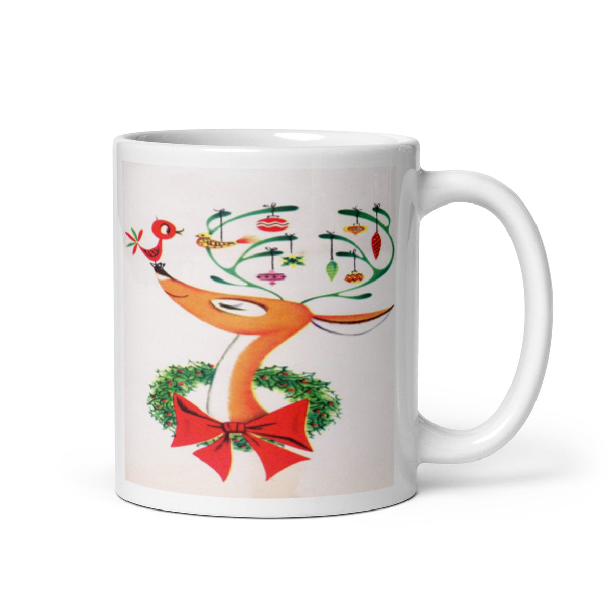 Reindeer With Ornaments And Bird Deco Retro Christmas Print Glossy Mug