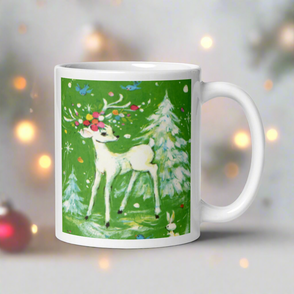 White Reindeer With Ornaments Woodland Winter Mid Century Retro Christmas Print Glossy Mug