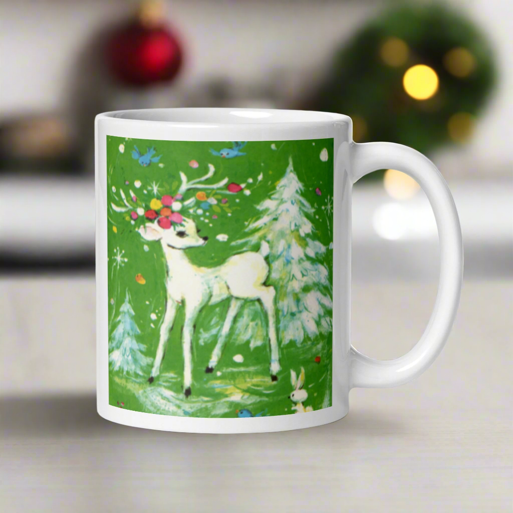 White Reindeer With Ornaments Woodland Winter Mid Century Retro Christmas Print Glossy Mug