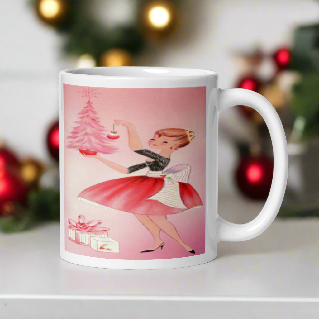 Pink Christmas Lady Housewife With Tree Midcentury Retro Christmas Glossy Coffee Mug