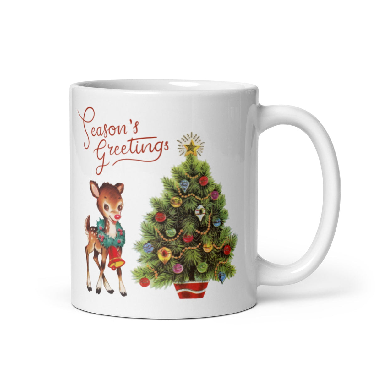 Rudolph The Reindeer Christmas Tree Mid Century Retro Christmas Print Glossy Mug