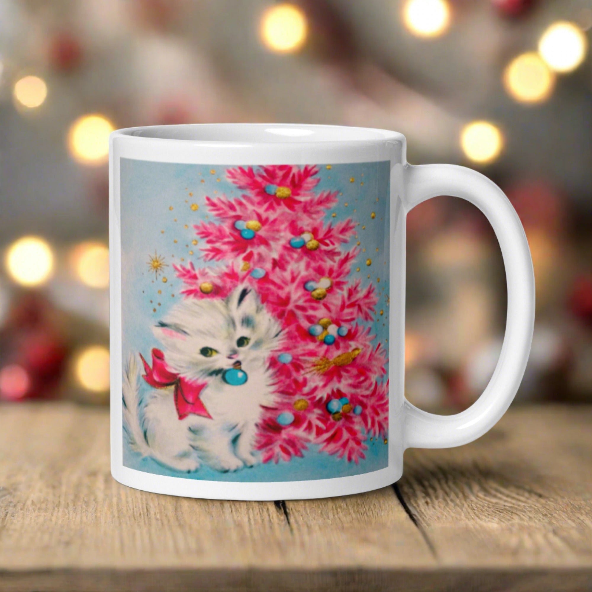 Christmas Kitten Pink Christmas Tree Mid Century Retro Christmas Print Glossy Mug