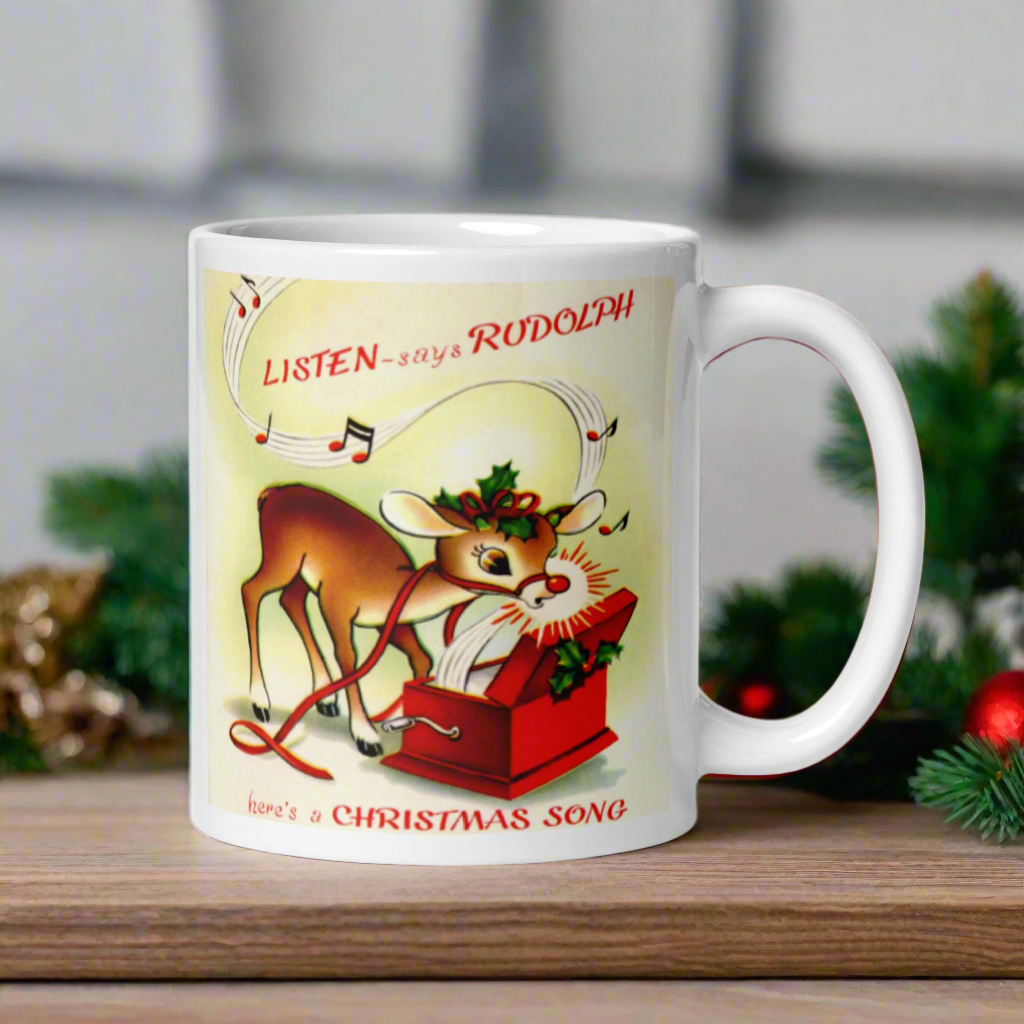 Listen Says Rudolph Here's A Christmas Song Mid Century Retro Glossy Coffee Mug