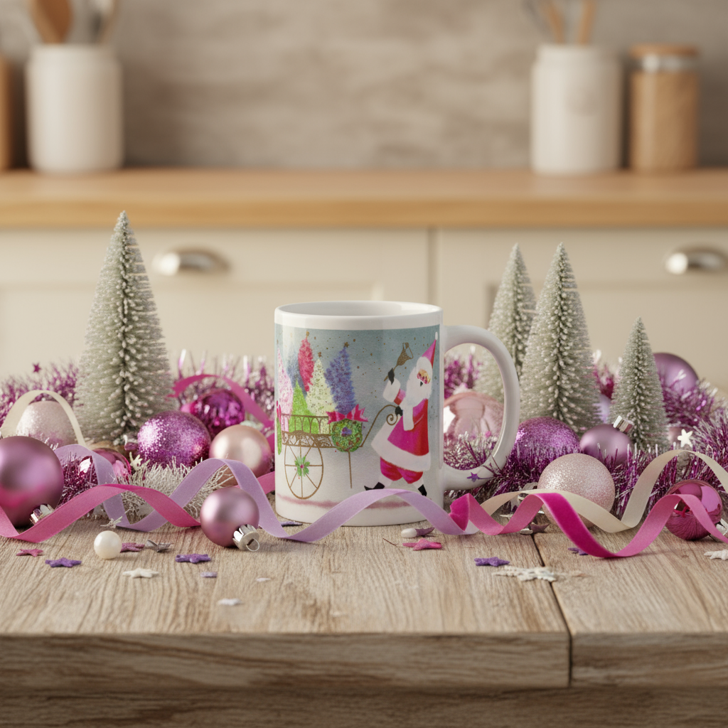 Santa Ringing Bell Mid Century Retro Christmas Print Glossy Mug