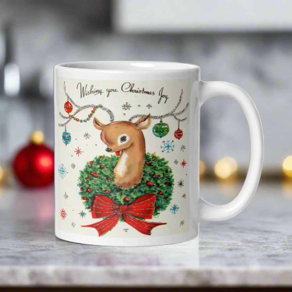Wishing You Christmas Joy Reindeer With Ornaments Midcentury Retro Christmas Glossy Coffee Mug