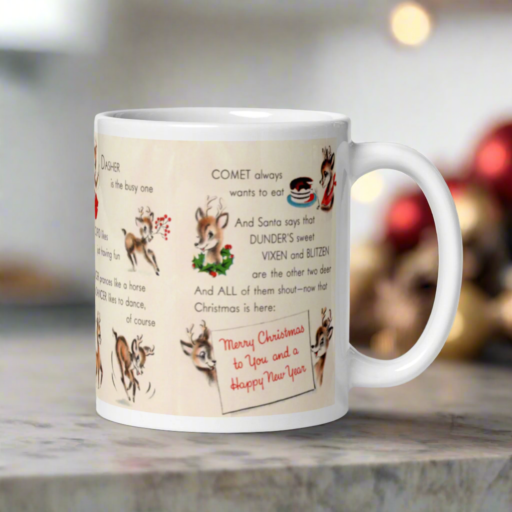 Santa’s Reindeer Story Christmas Midcentury Retro Glossy Coffee Mug