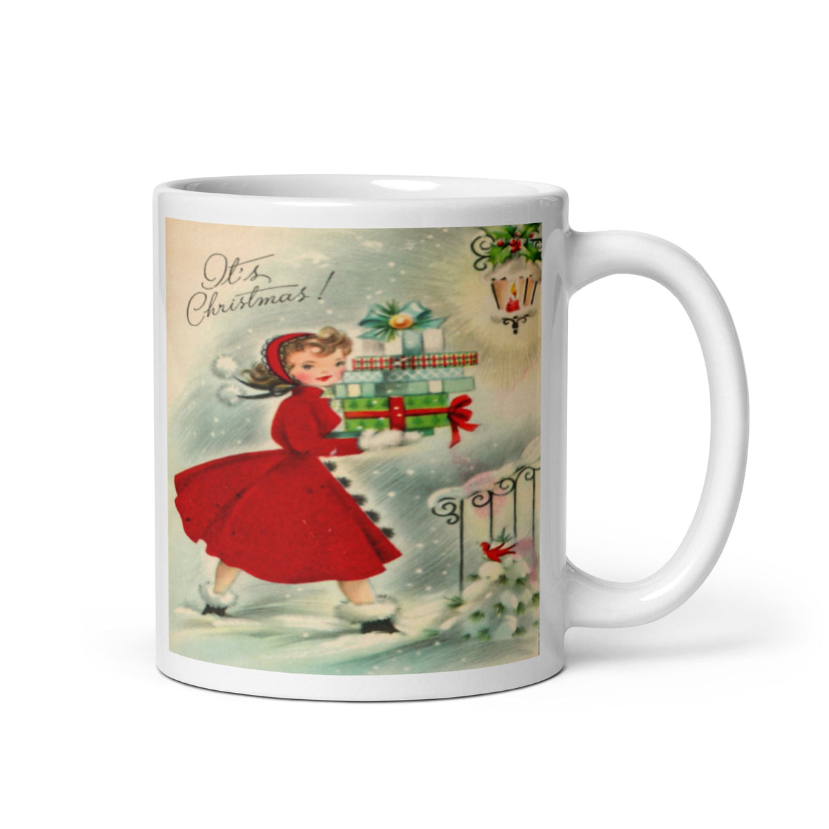 It's Christmas! Girl With Presents Mid Century Retro Christmas Print Glossy Mug