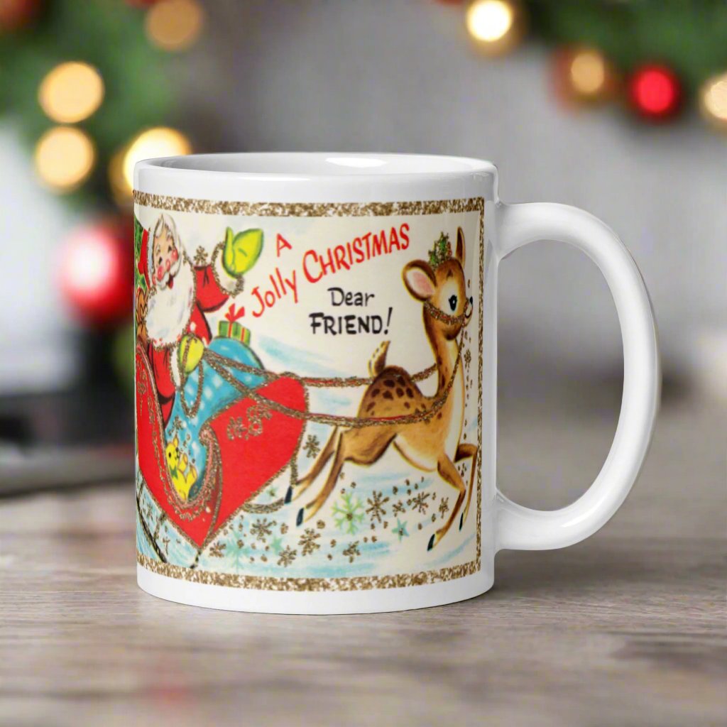 A Jolly Christmas Dear Friend Santa Reindeer Retro Christmas Glossy Mug