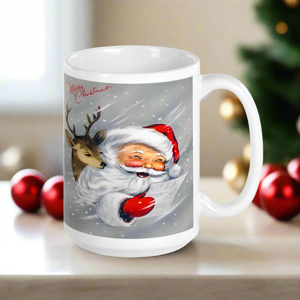 Santa With Reindeer Merry Christmas Midcentury Retro Glossy Coffee Mug