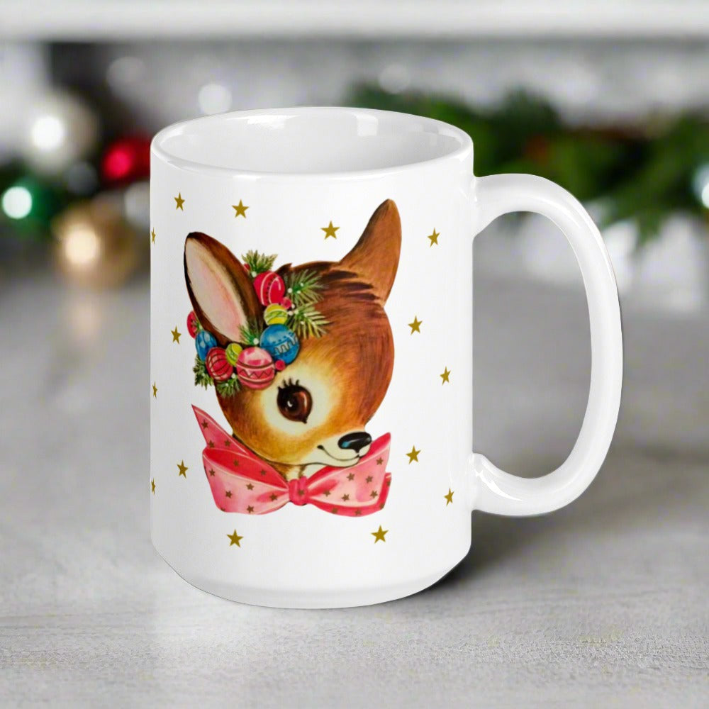 Reindeer Gold Stars Mid Century Retro Christmas Print Glossy Mug